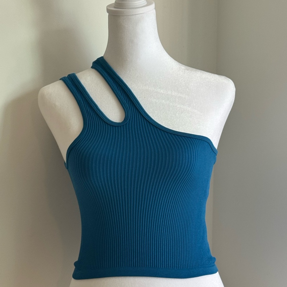 Zara Teal Asymmetric Ribbed Tank Top